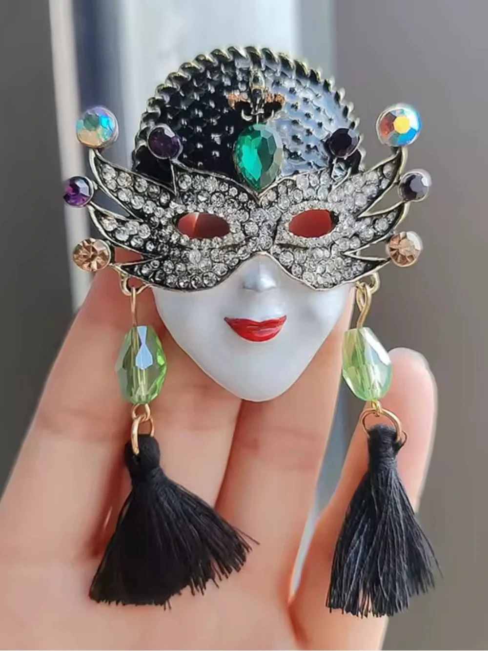 Masquerade Mask Face Brooch with Black Tassels - Elegant Women’s Jewelry